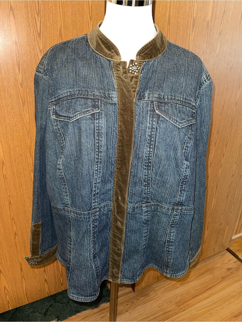 CJ Banks Women’s Blue Denim Jacket with Brown Velvet Trim